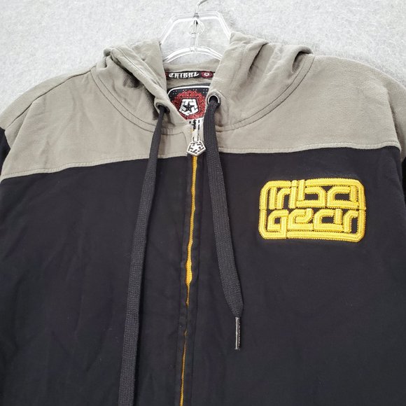 VINTAGE Tribal Gear Men Sweatshirt Large Black Hoodie Logo Embroidered Full Zip - Picture 2 of 13